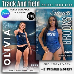 May include: Two customizable track and field athlete posters with a blue and white color scheme. The posters feature a female athlete in a blue and white uniform with the text "Sienna Brooks" and "Olivia Nova" on the posters. The text "2025 Track & Field" is also on the posters.