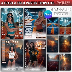 May include: Four customisable track and field poster templates featuring athletes in action. Each template includes a space for a photo, athlete's name, school name, and the year. The templates are designed to be used with Canva. The image also includes eight track and field backdrops.