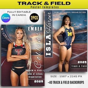 May include: Two track and field athlete posters with a red running track background. The posters are fully editable in Canva and include 40 track and field backdrops. The posters are 1587 x 2245 pixels. The first poster features a female athlete wearing a red and white uniform with the letter "T" on the front. The second poster features a female athlete wearing a blue and yellow uniform with the letter "M" on the front. Both posters include the athlete's name, the year 2025, and the words "Track & Field".