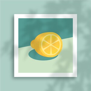 Ilustración de limón: Lámina artística - fondo verde-azulado, limón cortado con sombra