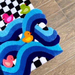 Pink Duck Rug Handmade Colorful Duck Tufted Rug | Unique Checkered & Waves Design ...