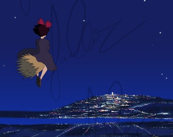 4 x 6 / 11 x 8 / Impresión de arte / Studio Ghibli Fan Art, Servicio de entrega de Kiki / Kiki volando a una nueva ciudad / Impresión de arte anime Postal