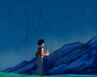 4 x 6 | 11 x 8.0625 | Art Print | Studio Ghibli Fan Art, Howl's Moving Castle | Young Howl meets Calcifer | Anime Art Print Postcard