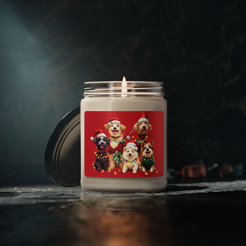Dog Scented Soy Candle, 9oz Cute Dogs in Santa Hats Christmas Lights