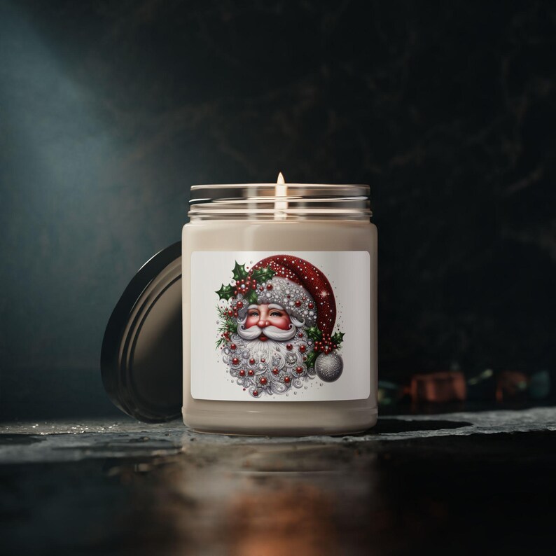 Christmas Candle, Holiday Scented Soy Candle With Santa and Gems
