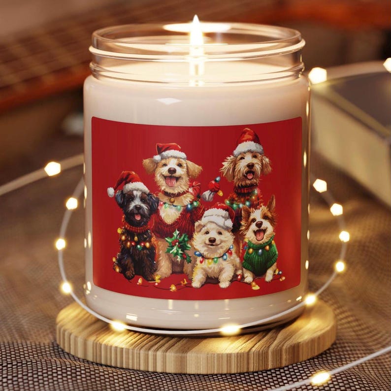 Dog Scented Soy Candle, 9oz Cute Dogs in Santa Hats Christmas Lights