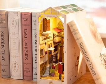 Robotime Rolife DIY Book Corner Wooden Miniature Doll House Lighted Bookcase Multi-Piece Hobby Toys