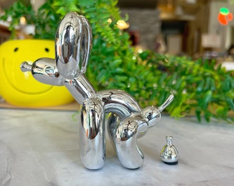 Customized Pooping Dog Sculpture, Silver Baloon Dog Name Statue Home Decor,Fun Gift for Pet Lovers,Personalized Animal Figurine for Shelf