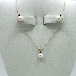 Pre-owned Vintage cultured pearl and ruby pendant with 14k chain and matching earrings