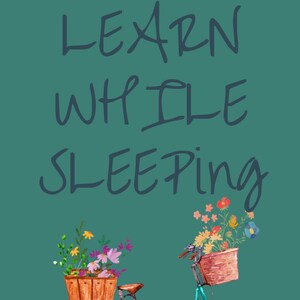 Może przedstawiać: Turkusowy rower z koszykiem kwiatów z tyłu. Rower znajduje się na turkusowym tle z tekstem "LEARN WHILE SLEEPING" i "GOODNIGHT STORIES" nad rowerem.