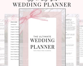 Könnte beinhalten: Ein rosa-weißer Hochzeitsplaner mit dem Text "The Ultimate Wedding Planner for Stress-Free Planning". Der Planer enthält eine Checkliste mit Aufgaben und einen Budgetbereich.