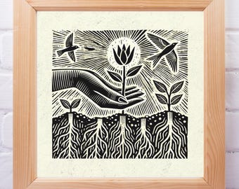 Nature Growth Renewal Printable Wall Art: Earthy Linocut Digital Print | Made-to-Order, Digital Download