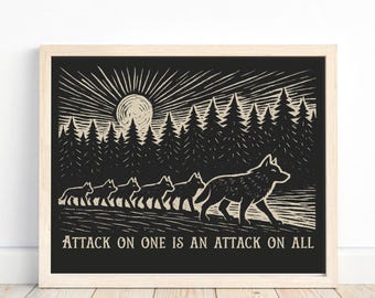 Linocut Wolf Pack Horizontal Printable Wall Art: Community Solidarity Digital Print | Made-to-Order Digital Download