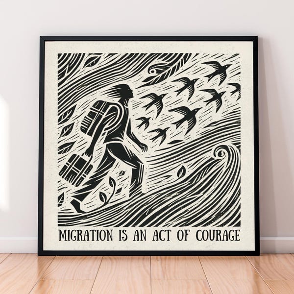 Arte linograbado imprimible sobre migración: Apoyo a los inmigrantes y derechos humanos. Impresión/Descarga digital instantánea, uso personal.