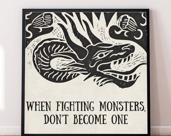 Dragon Linocut Square Printable Wall Art: Warrior Mindset Digital Print | Made-to-Order Digital Download