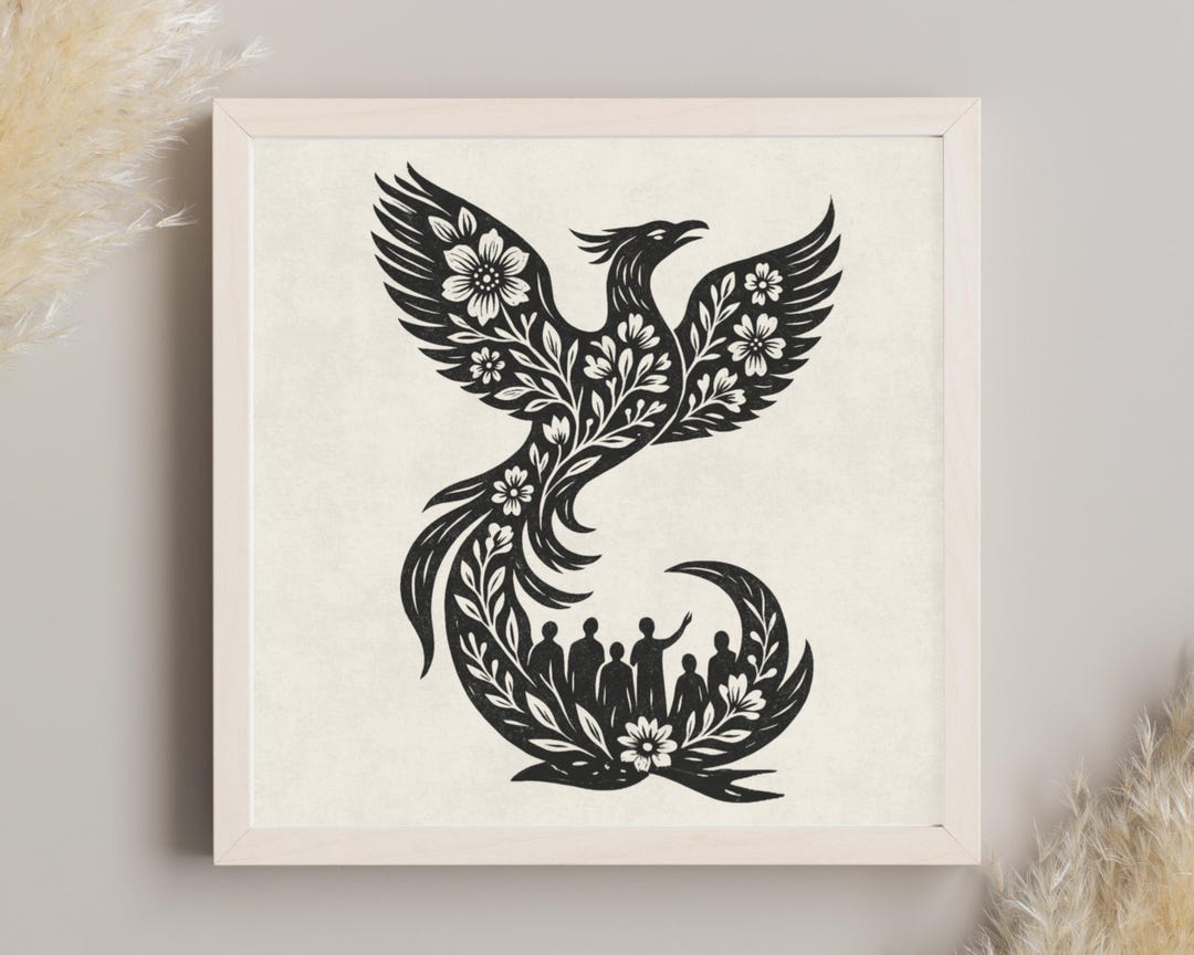 Rising Floral Phoenix Linocut Art Print: Community Empowerment Poster ...
