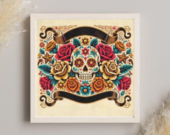 Day of the Dead Art Print: Colorful Mexican Floral Skull Poster | Framed & Unframed 10x10 - 28x28