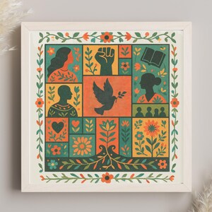 May include: A framed art print with a colourful, geometric design. The artwork features various symbols, including a raised fist, a dove, and an open book, set against a backdrop of orange, green, and teal squares. The frame is a light beige colour.