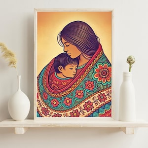 Mother and Child Art Gift Print, Mexican Folk Illustration, Vibrant Maternity Wall Decor, Cultural Love Poster, Unframed Motherhood Gift