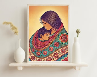 Mother Child Vertical Art Print: Mexican Folk Maternity Poster | Framed & Unframed, 8x10 - 36x48