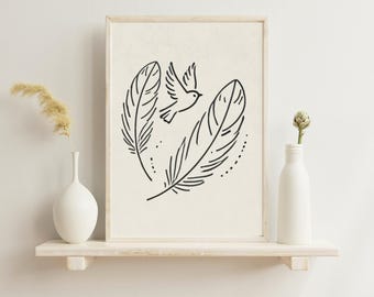 Minimalist Bird and Feather Printable Wall Art: Lineart Digital Print | Made-to-Order, Digital Download
