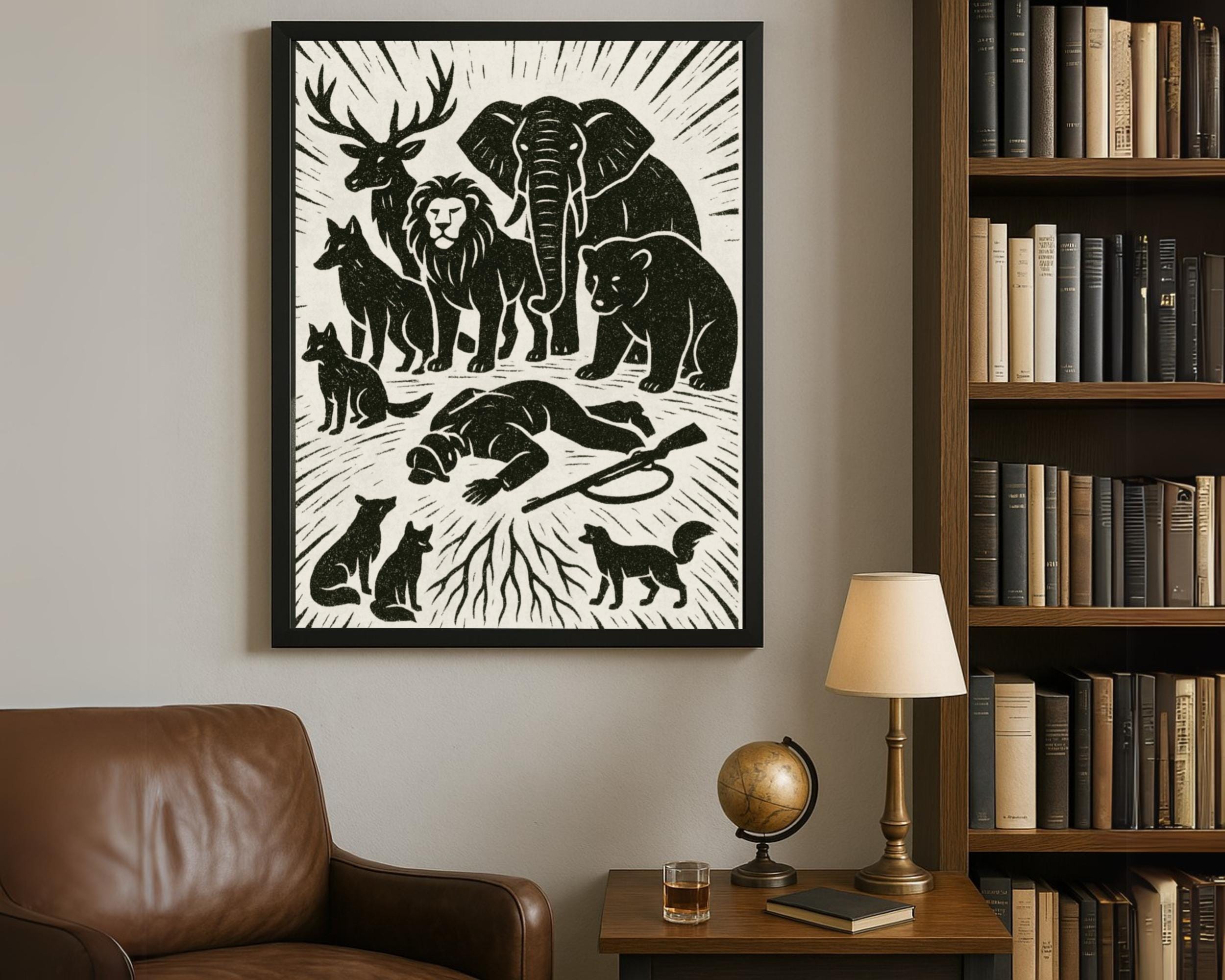 Wildlife Victory Linocut Art Print: Community Allegory Poster | Framed ...