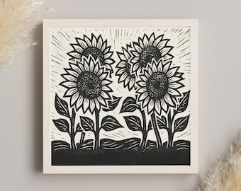 Sunflower Field Linocut Printable Wall Art: Rustic Cottage Folk Digital Print | Made-to-Order, Digital Download