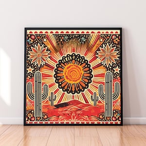 Southwestern Desert Art Print, Boho Cactus Sun Poster, Vibrant Folk Art Wall Decor, Mexican Western Illustration, Rustic Printable
