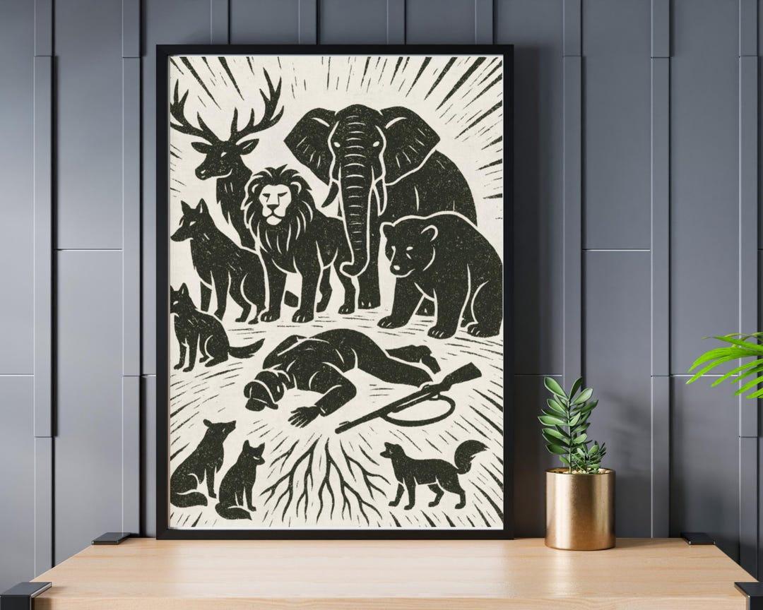 Wildlife Victory Linocut Art Print: Community Allegory Poster | Framed ...