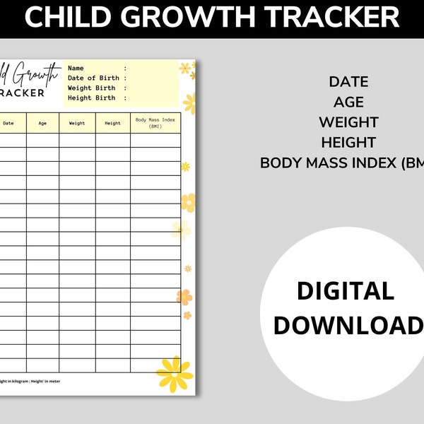 Printable Child Growth Tracker, Kids Growth Chart, Weight Tracking, Height Tracker, infant/newborn Measurement Tracker, PDF Digital Download