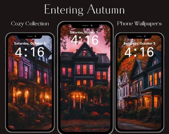 Witchy Autumn Phone Wallpaper Set: Cozy New England Village (Digital Download)