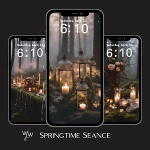 Springtime Seance Phone Wallpaper | Dark Cottagecore Forest Altar Background | Witchy Moss & Candle Aesthetic | Ostara Ritual Digital Art