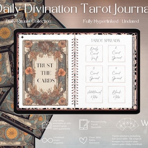 Könnte beinhalten: Ein digitaler Planer mit einem floralen Design und dem Text "Trust the Cards" auf dem Cover. Der Planer ist auf einer Seite mit einer Liste von Tarot-Spreads geöffnet, darunter "Daily Card Pull", "2 Card Spread", "3 Card Spread" und "4 Card Spread".