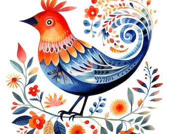 10 Watercolor Scandinavian Folk Art Birds Clipart - Digital Download PNG Files Transparent Background