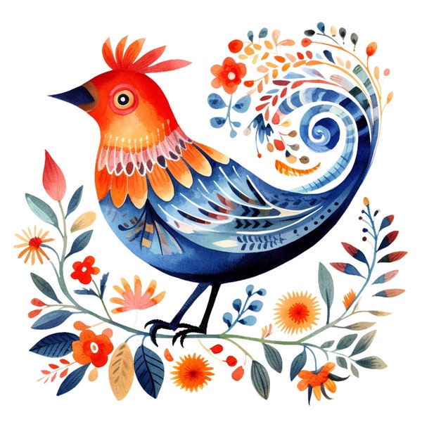 10 Watercolor Scandinavian Folk Art Birds Clipart - Digital Download PNG Files For Commercial Use Transparent Background - Papercraft Cards