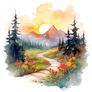 Op de afbeelding: Waterverf schilderij van een berglandschap met een kronkelend pad dat door een bos leidt. De lucht is een levendig oranje en geel, met een zon die helder schijnt in de verte. De bergen zijn een diep paars en blauw, en de bomen zijn donkergroen. Het pad is bezaaid met wilde bloemen in tinten rood, oranje en geel.