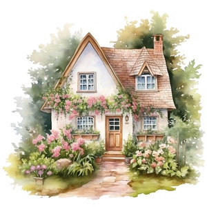 10 clipart fofos de casas de campo em aquarela - arquivos PNG para impressão para uso comercial com fundo transparente - papelaria, cartões