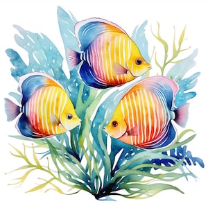 10 gráficos de clipart de peixes tropicais em aquarela - arquivos PNG imprimíveis para uso comercial Fundo transparente - cartões, artesanato em papel, diários