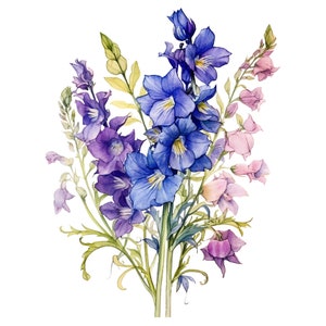 May include: Watercolor illustration of a bouquet of flowers. The arrangement features vibrant blue, purple, and pink blossoms with green stems and leaves. The flowers are painted in a realistic style against a white background.