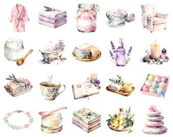 20 Watercolor Self Care Graphics Clipart Bundle - Printable PNG Files Transparent Background - Journals, Papercraft