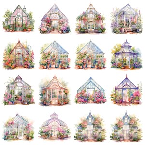 16 imágenes prediseñadas de invernadero de jardín en acuarela: imágenes PNG imprimibles con fondo transparente. Descarga digital. imagen 6