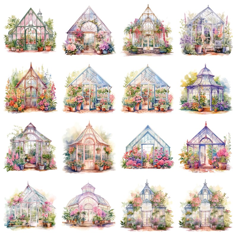 16 imágenes prediseñadas de invernadero de jardín en acuarela: imágenes PNG imprimibles con fondo transparente. Descarga digital. imagen 6