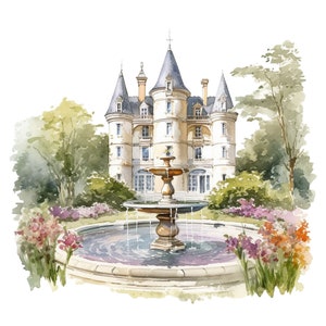 12 Watercolor French Chateau Clipart Graphics - Printable PNG Files, Transparent Background, Papercraft, Cards