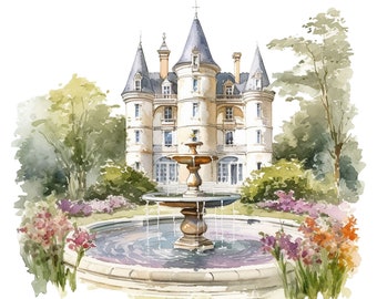 12 Watercolor French Chateau Clipart  - Digital Download Graphics PNG Files For Commercial Use Transparent Background - Cards, Papercraft