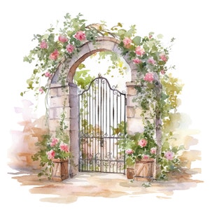 10 Cottagecore Garden Gate Watercolor Clipart - Digital Download PNG Files For Commercial Use Transparent Background - Papercraft, Cards