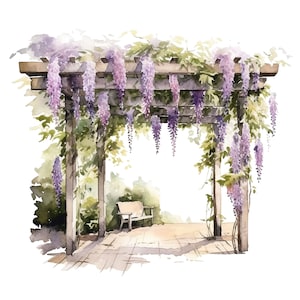 12 Watercolor Wisteria Pergola Floral Clipart - Digital Download PNG Files For Commercial Use Transparent Background - Cards, Papercraft