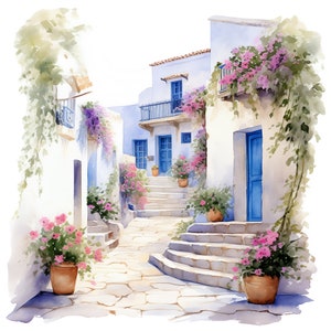 10 images Clipart aquarelle village grec paysage - fichiers PNG imprimables, usage commercial fond Transparent - création de journal, papercraft