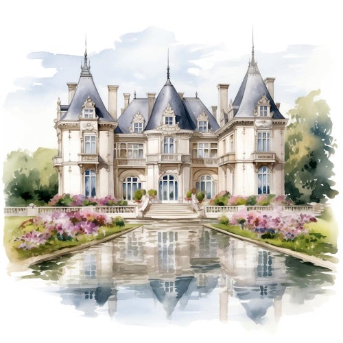 6 Château français Vol. 2 graphiques Clipart aquarelle - fichiers PNG imprimables pour un usage commercial fond transparent - cartes, journaux