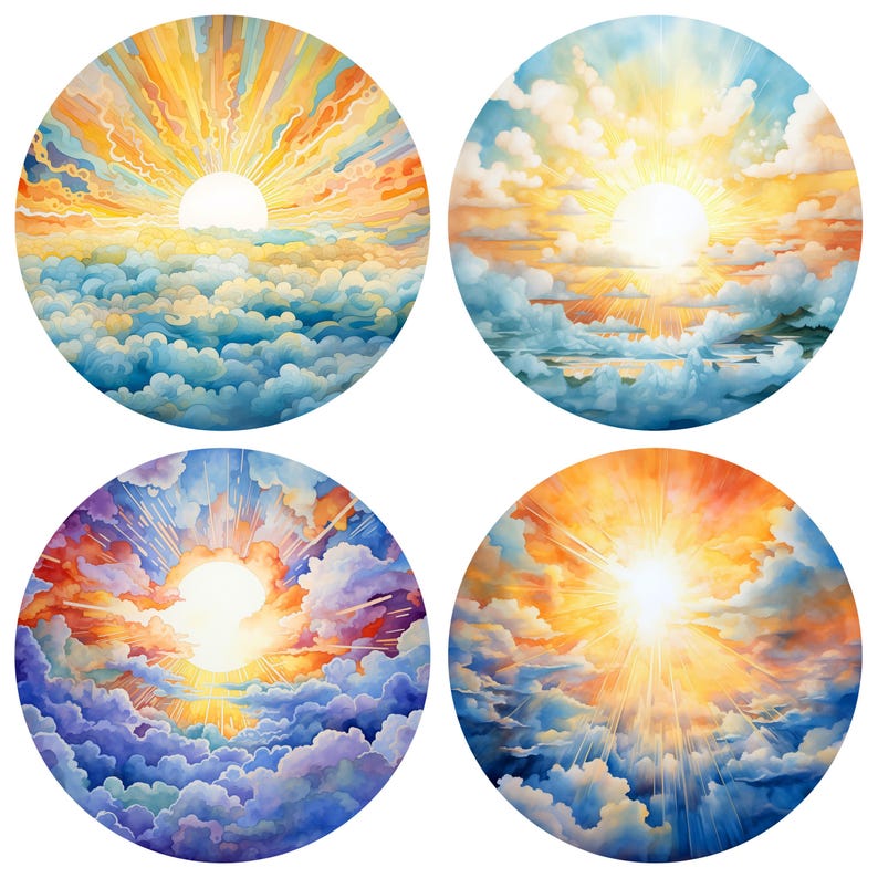 Sun Four Rays Watercolor Sun Rays & Clouds Circle Clipart – Transparent PNG Graphics ...