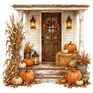May include: A wooden porch entrance featuring a dark brown door with a fall leaf wreath, two black wall lanterns, and a wooden deck. The scene is decorated with orange pumpkins, a hay bale, dried corn stalks, and potted autumn foliage.